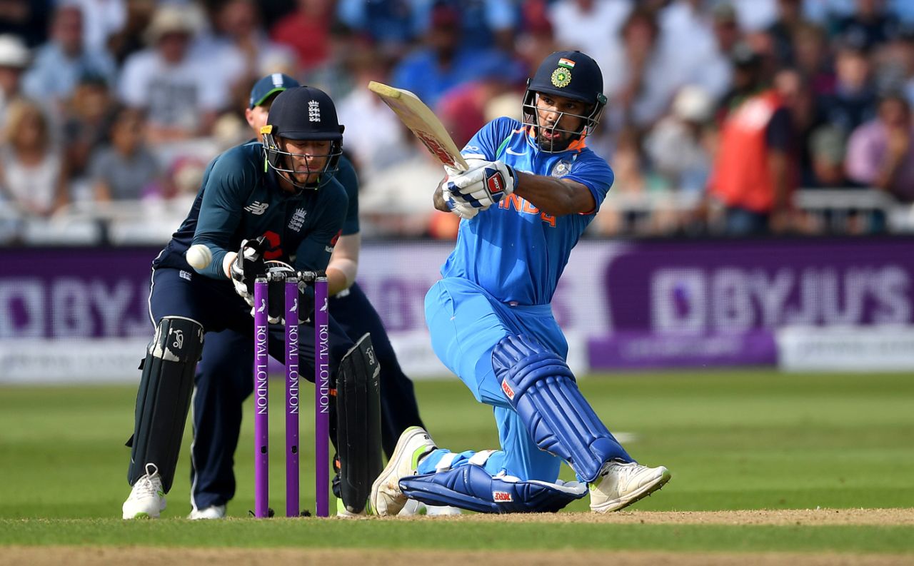 Shikhar Dhawan gets down on a knee to play the pull, England v India, 1st ODI, Nottingham, July 12, 2018