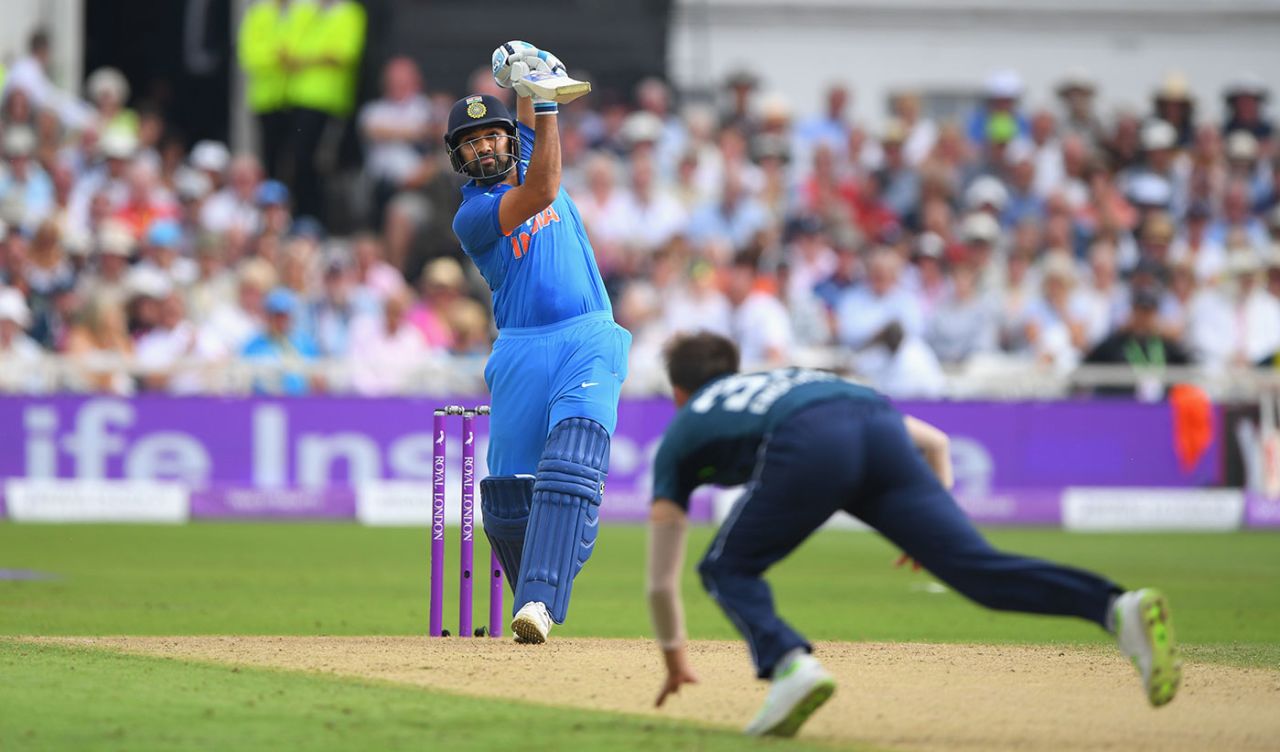 Rohit Sharma drives back down the ground, England v India, 1st ODI, Nottingham, July 12, 2018