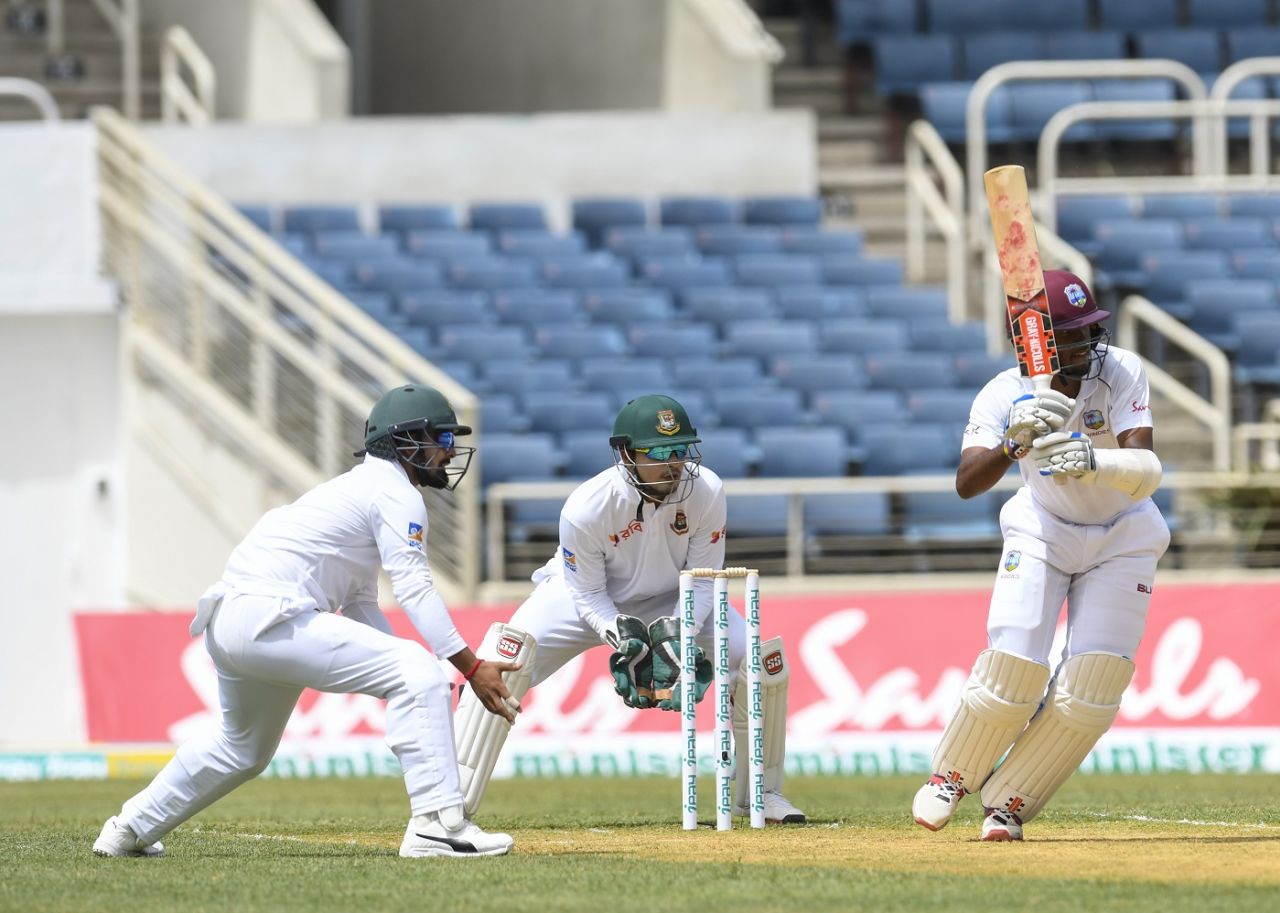 Kraigg Brathwaite drills a boundary through midwicket, West Indies v Bangladesh, 2nd Test, Kingston, 1st day, July 12, 2018