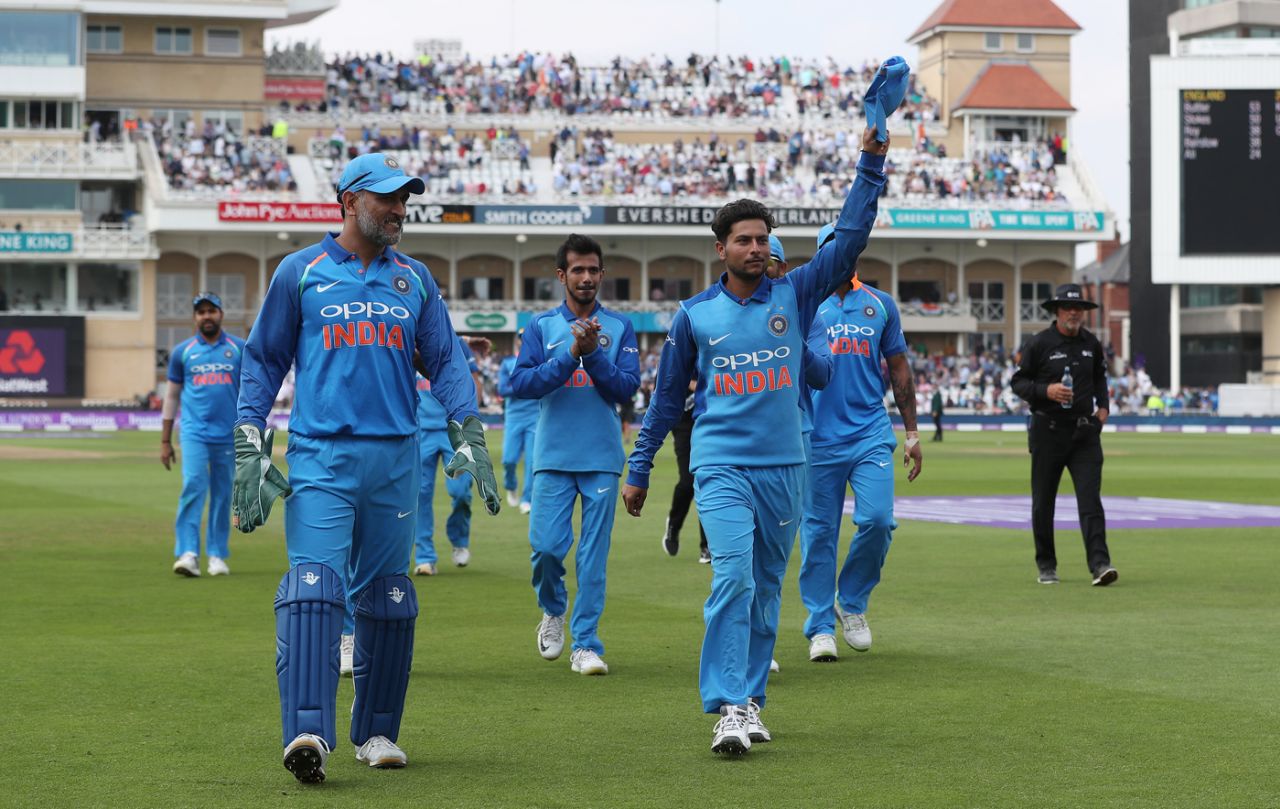 Kuldeep Yadav leads the Indian team off after his six-for, England v India, 1st ODI, Nottingham, July 12, 2018