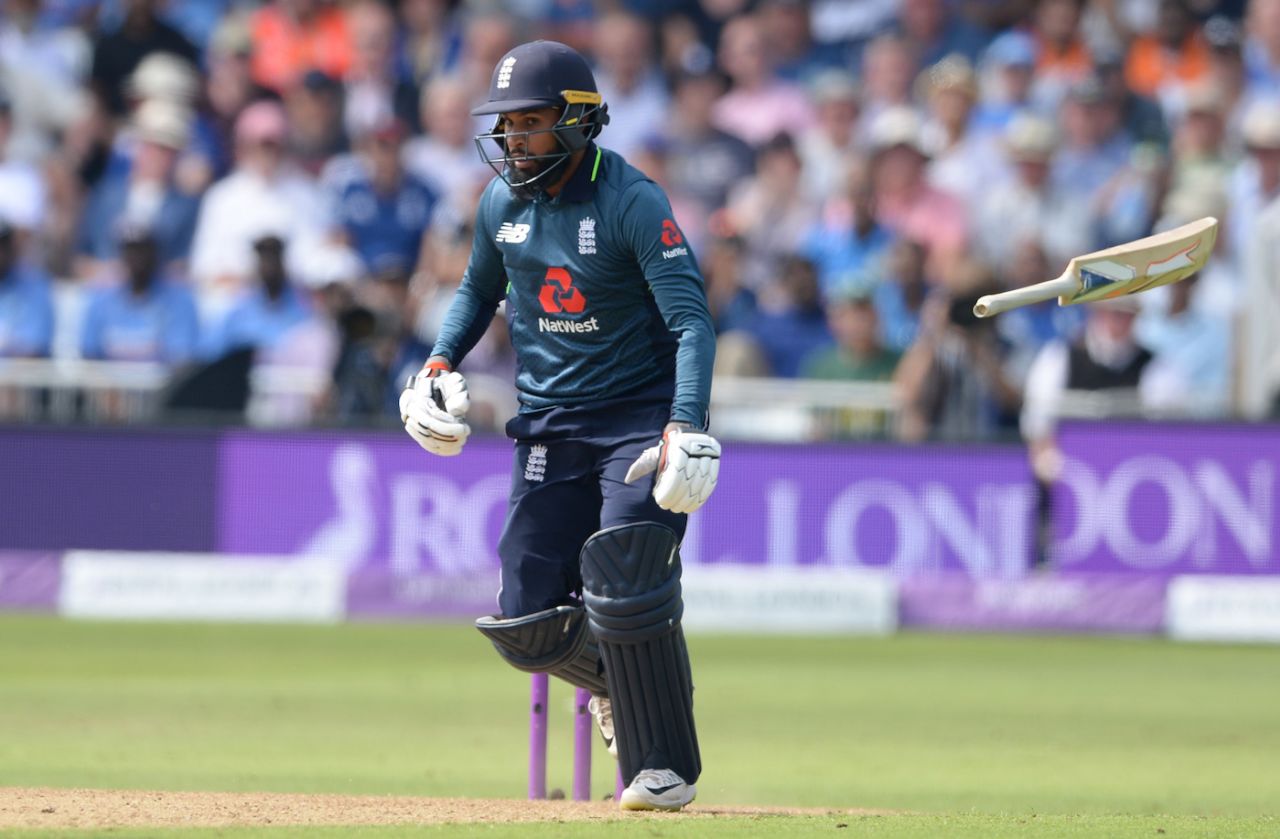 Adil Rashid lost his bat while contributing useful runs, England v India, 1st ODI, Nottingham, July 12, 2018