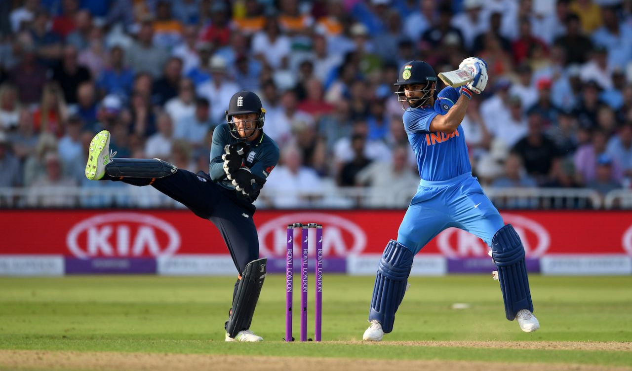 Virat Kohli punches one off the back foot, England v India, 1st ODI, Nottingham, July 12, 2018