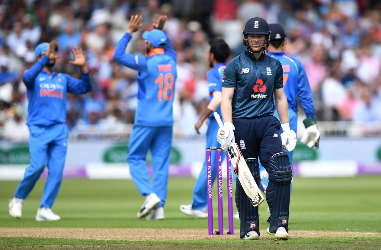 Eoin Morgan chipped a catch to midwicket, England v India, 1st ODI, Nottingham, July 12, 2018