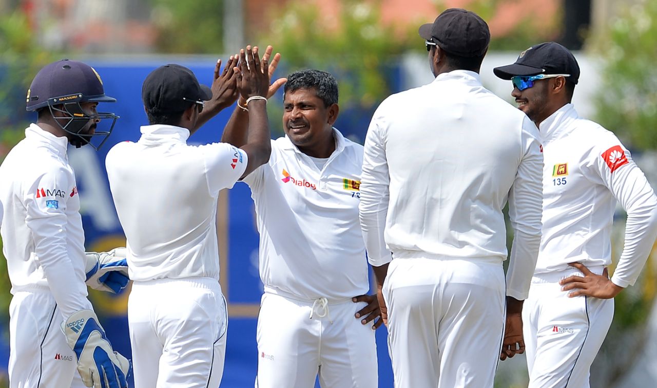Rangana Herath celebrates a wicket, Sri Lanka v South Africa, 1st Test, Galle, 2nd day, July 13, 2018