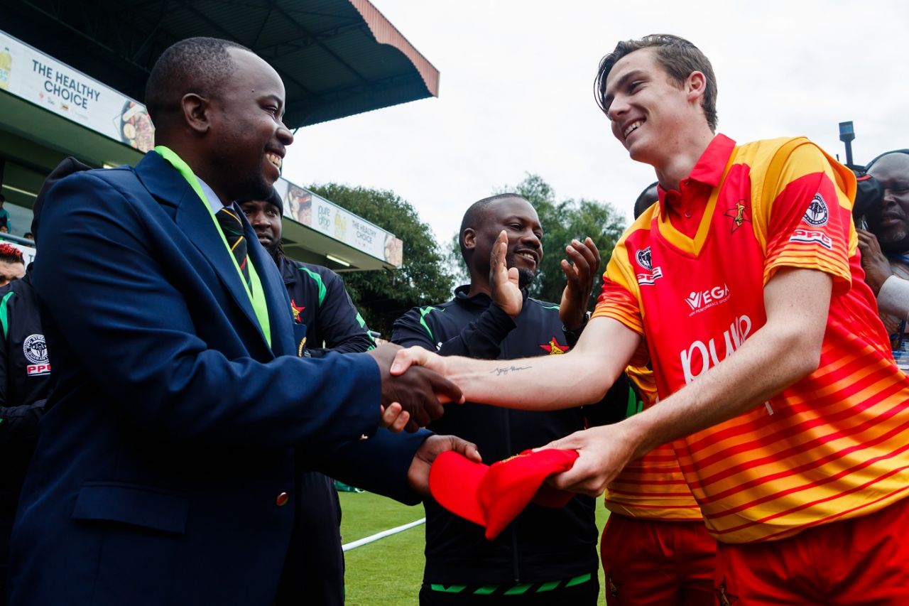 Liam Roche receives his maiden ODI cap from Prosper Utseya, Zimbabwe v Pakistan, 1st ODI, Bulawayo, July 13, 2018