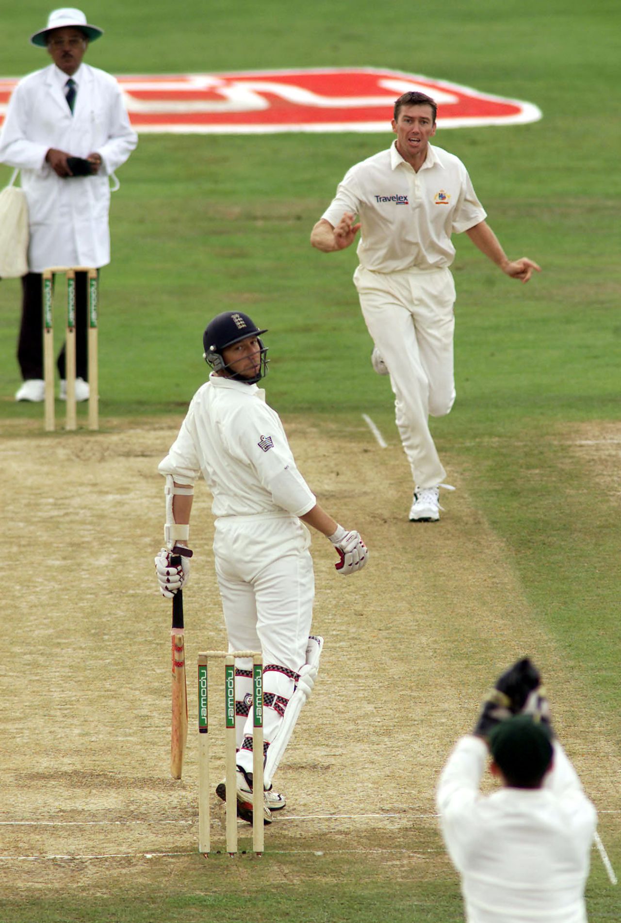 Adam Gilchrist catches Michael Atherton off Glenn McGrath, England v Australia, fourth Test, day five, Headingley, August 20, 2001