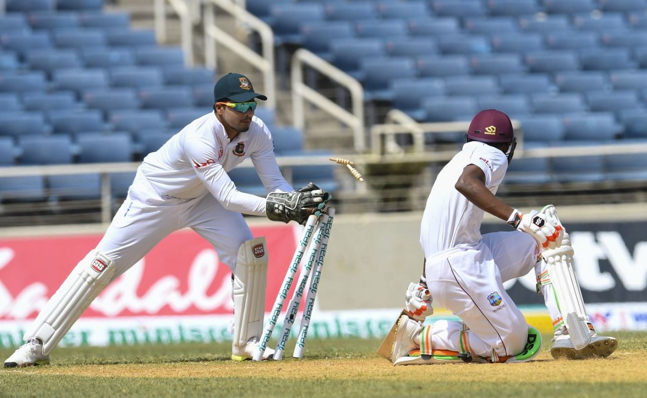 Keemo Paul is stumped by Nurul Hasan, West Indies v Bangladesh, 2nd Test, Jamaica, 3rd day, July 14, 2018