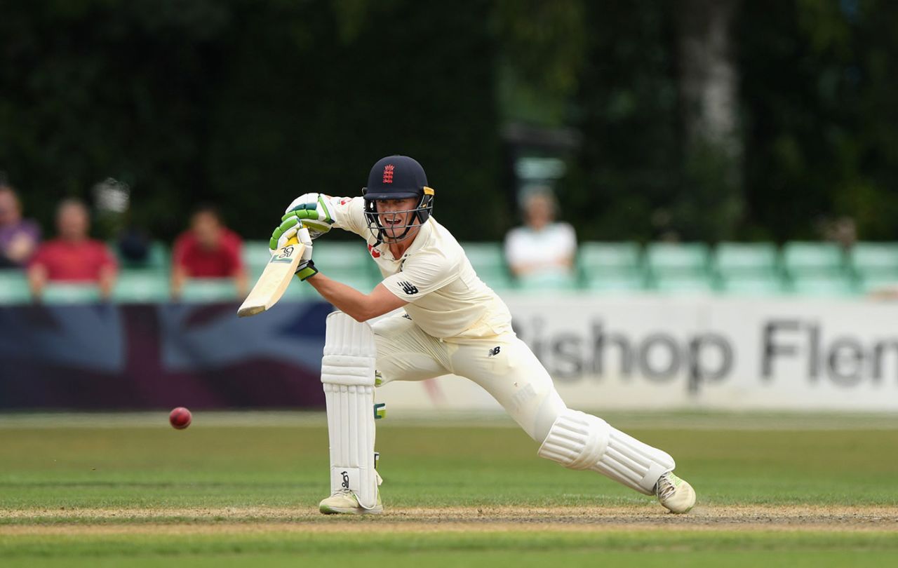 Nick Gubbins drives through the covers, England Lions v India A, Worcester, July 16, 2018