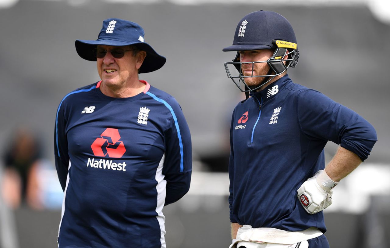 Trevor Bayliss and Eoin Morgan at training ahead of the third ODI, England Lions v India A, Worcester, July 16, 2018