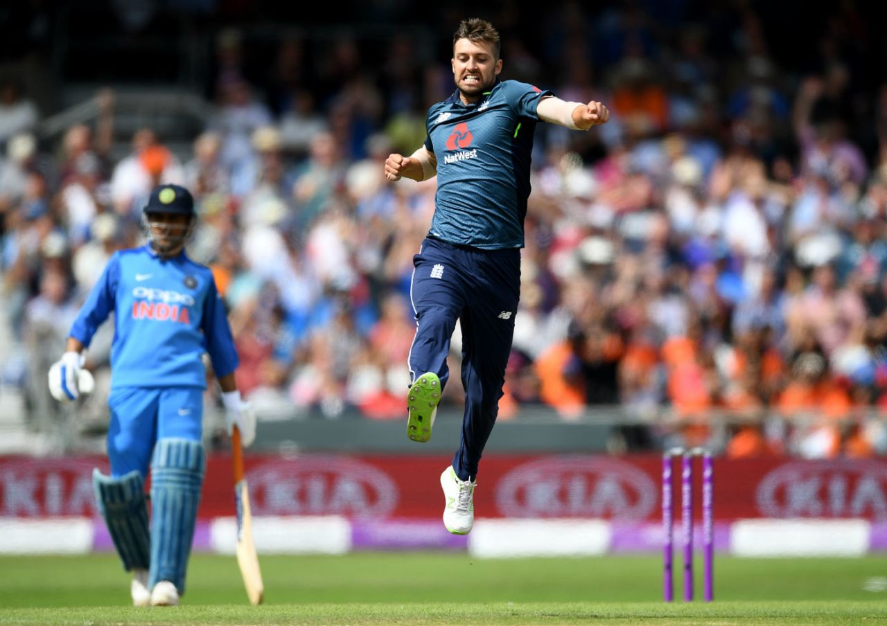 Mark Wood leaps in joy as he nicked off Hardik Pandya, England v India, 3rd ODI, Headingley, July 17, 2018
