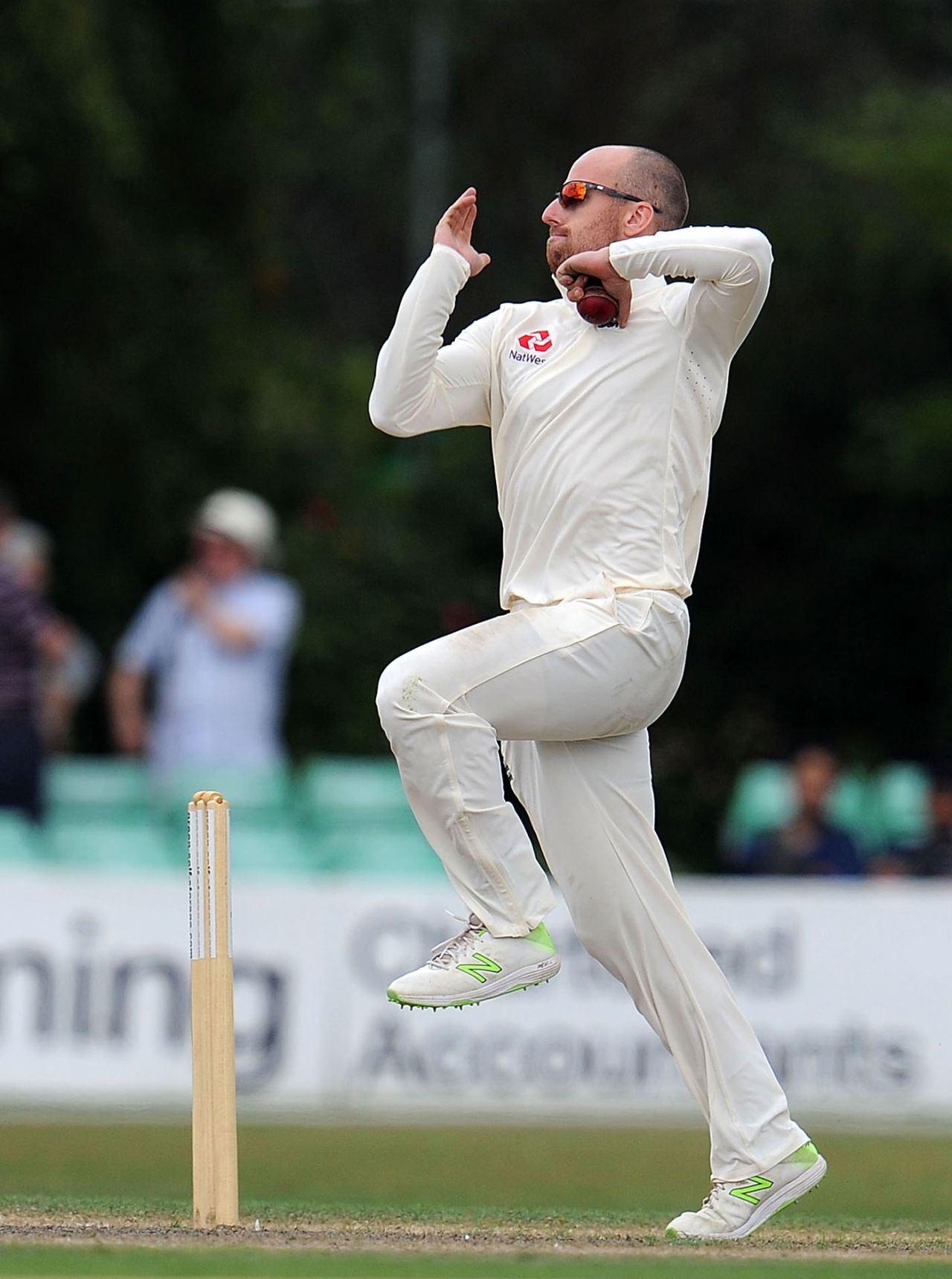 Jack Leach in delivery stride, England Lions v India A, Worcester, July 17, 2018