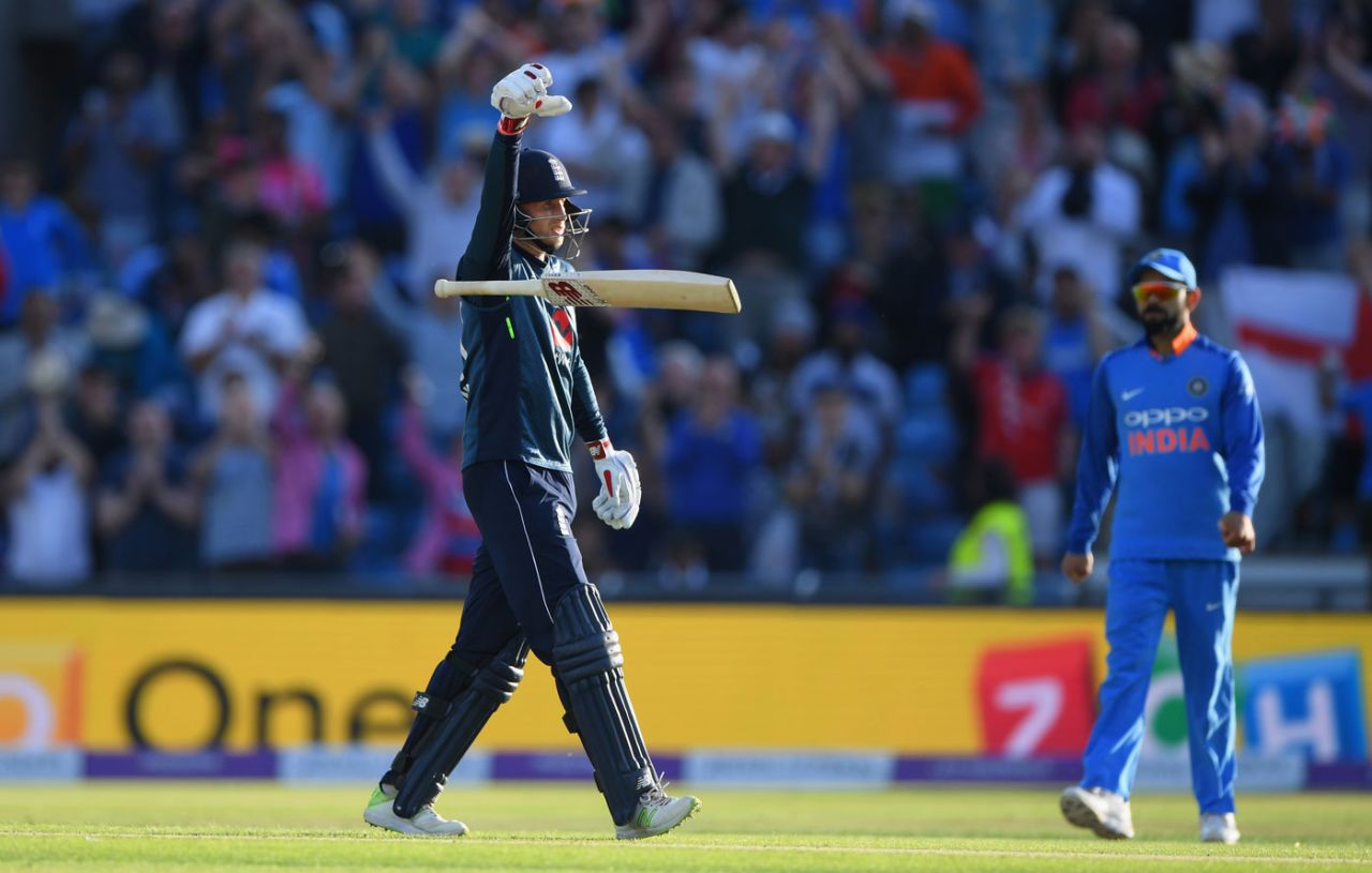 Joe Root's 'bat drop' celebration provoked a ribbing from his team-mates, England v India, 3rd ODI, Headingley, July 17, 2018