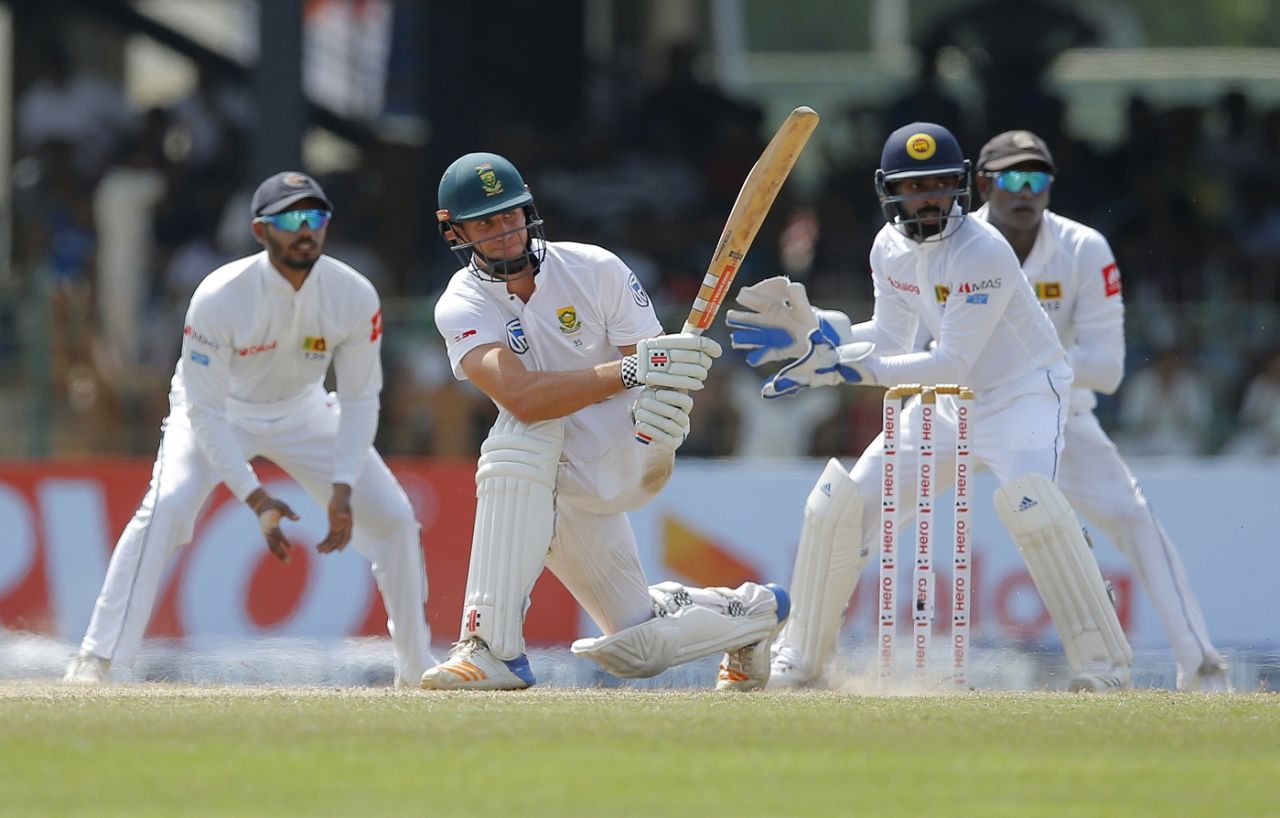Theunis de Bruyn plays the sweep, Sri Lanka v South Africa, 2nd Test, SSC, 3rd day, July 22, 2018