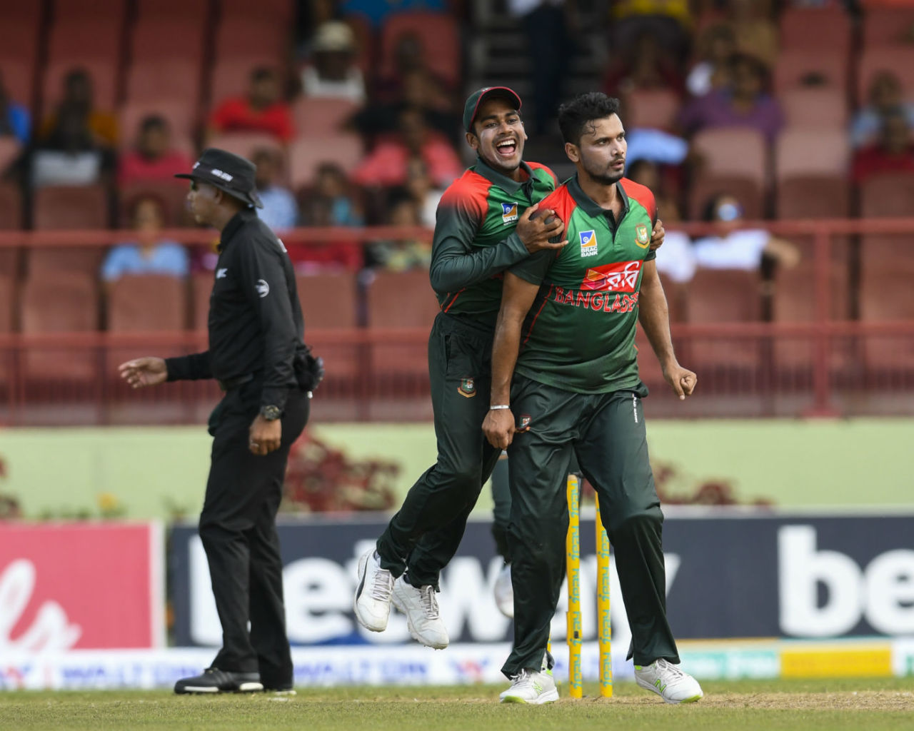Mashrafe Mortaza celebrates the wicket of Evin Lewis, West Indies v Bangladesh, 1st ODI, Guyana, July 22, 2018