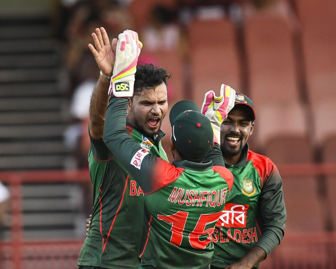 Mashrafe Mortaza celebrates one of his four wickets with team-mates, West Indies v Bangladesh, 1st ODI, Guyana, July 22, 2018