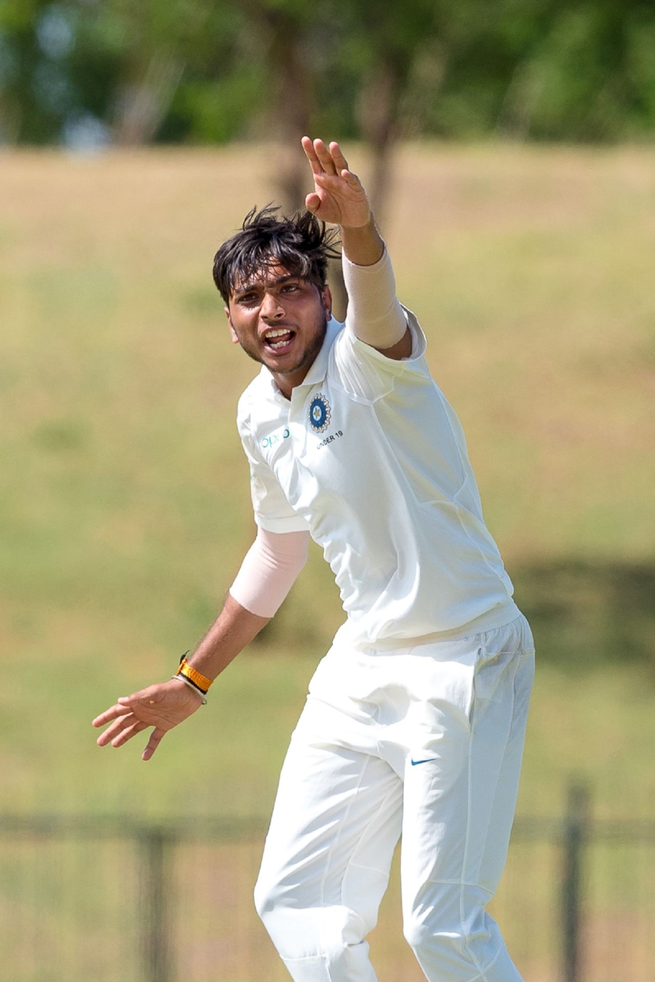 Left-arm spinner Siddharth Desai goes up in appeal, Sri Lanka v India, 2nd Youth Test, Hambantota, 3rd day, July 26. 2018