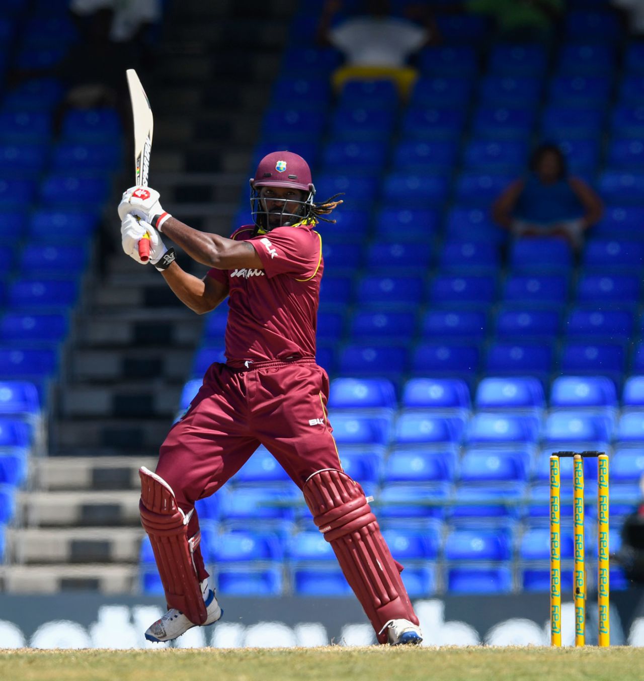 Chris Gayle carts one through the off side, West Indies v Bangladesh, 3rd ODI, Basseterre, July 28, 2018