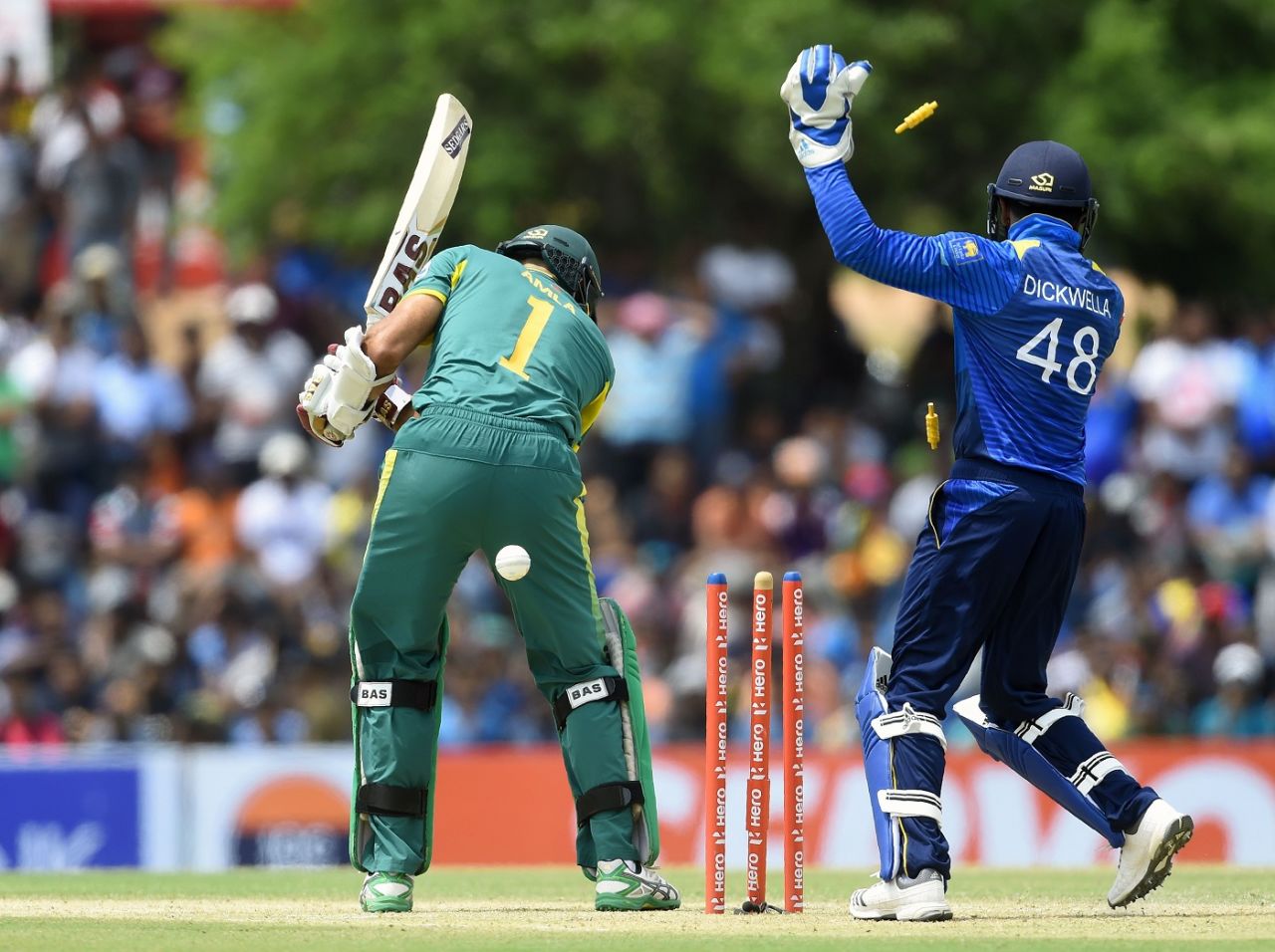 Hashim Amla was bowled by a googly from Akila Dananjaya , Sri Lanka v South Africa, 1st ODI, Dambulla, July 29, 2018
