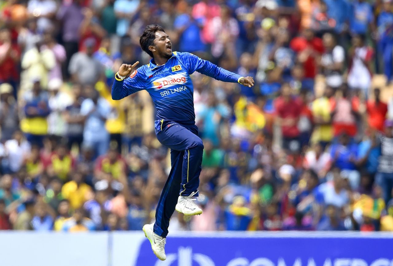 Akila Dananjaya rejoices after taking a wicket , Sri Lanka v South Africa, 1st ODI, Dambulla, July 29, 2018