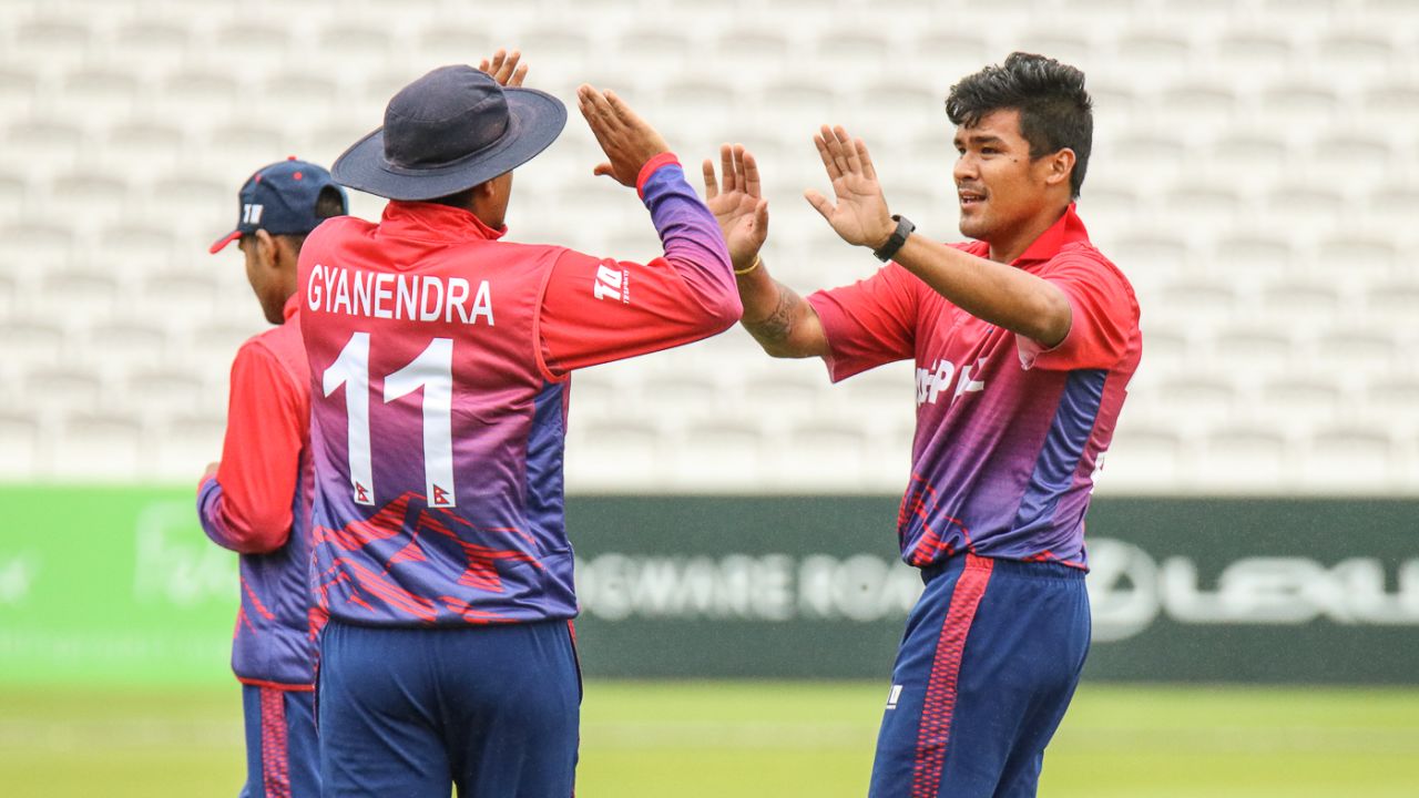 Gyanendra Malla high fives Karan KC for taking a wicket, Nepal v Netherlands, MCC Tri-Series, Lord's, July 29, 2018 