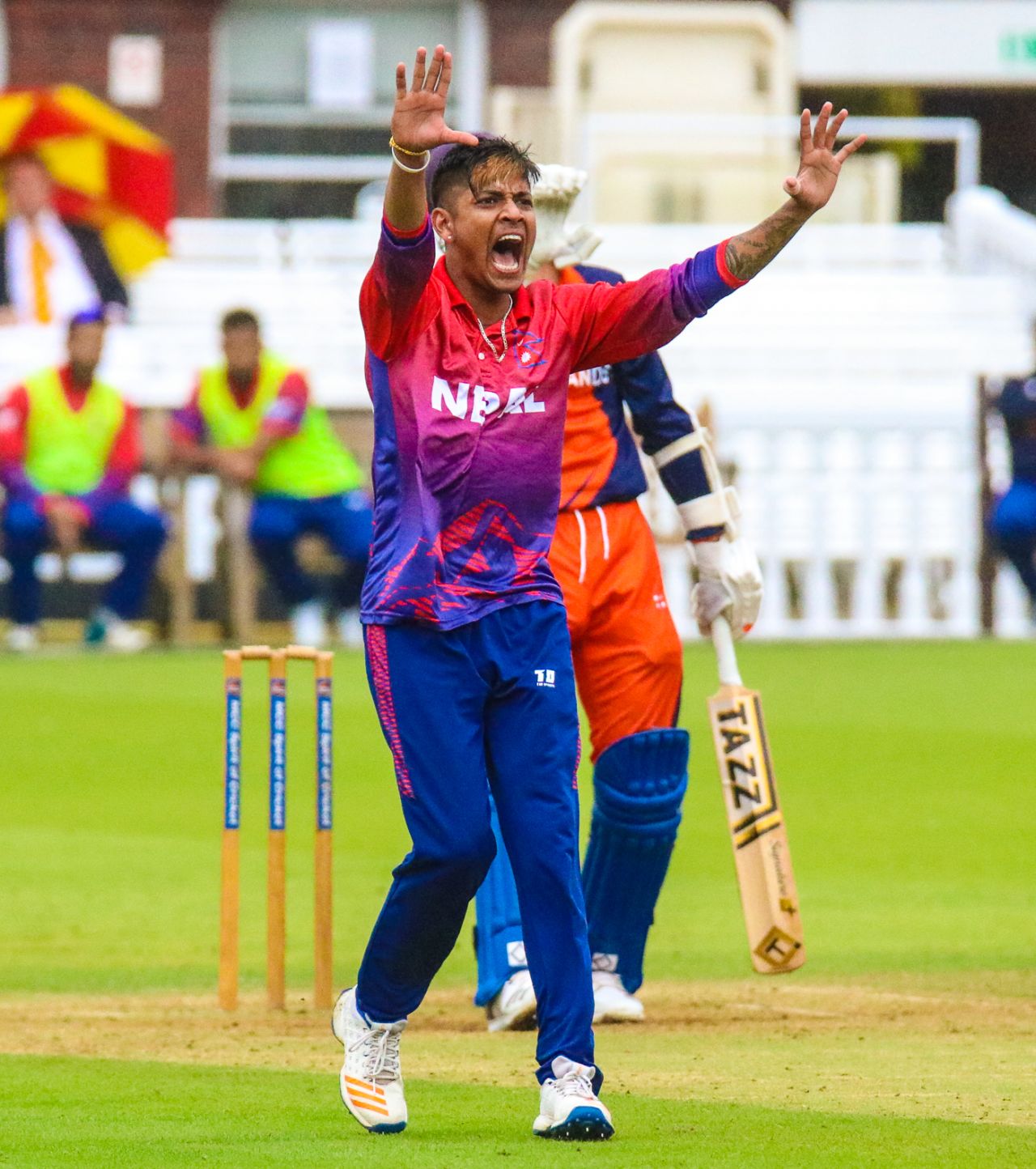 Sandeep Lamichhane roars a strong appeal for lbw, Nepal v Netherlands, MCC Tri-Series, Lord's, July 29, 2018