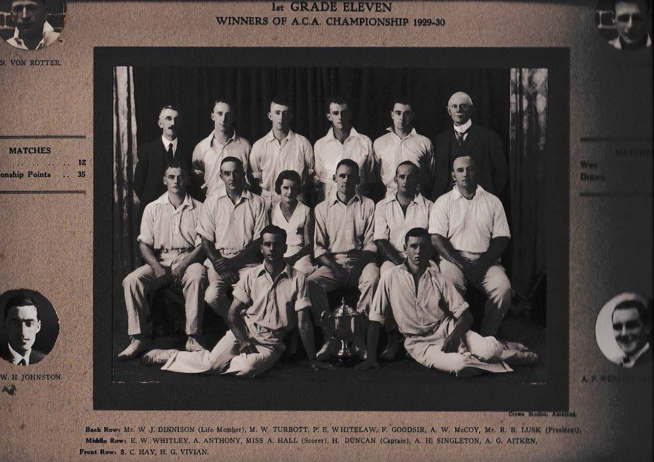 Alison Hall pictured with Auckland's Parnell CC in 1929-30, the year she became the first female scorer in a Test match. Standing behind her is her future husband, the Test batsman Paul Whitelaw