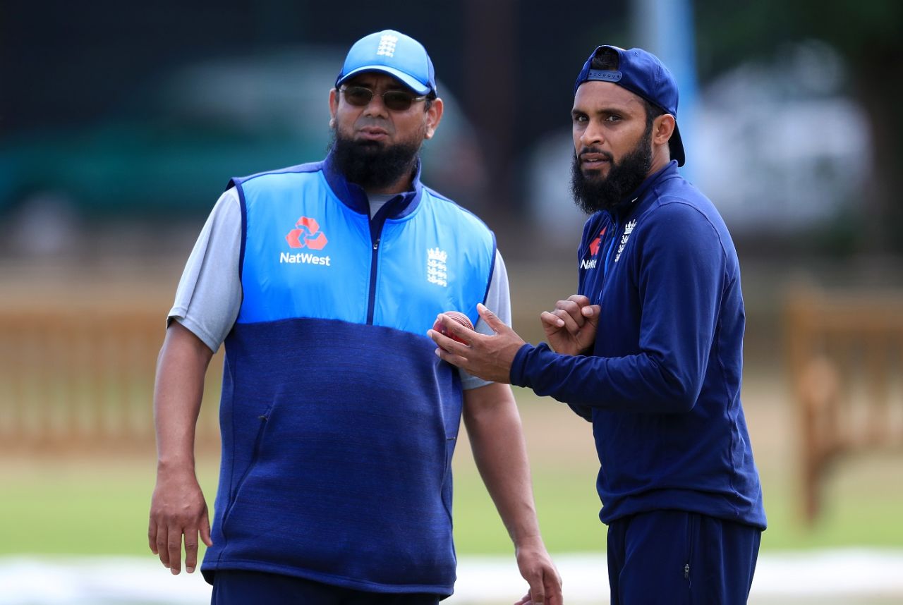 Adil Rashid with spin bowling consultant Saqlain Mushtaq during a practice session, Edgbaston, July 31, 2018