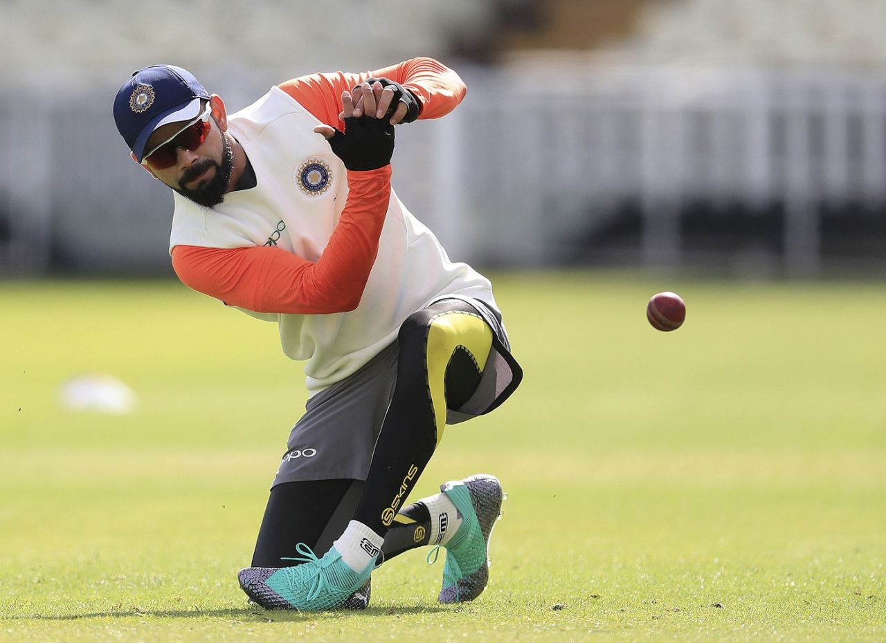 Virat Kohli drops one during fielding practice, Edgbaston, July 30, 2018
