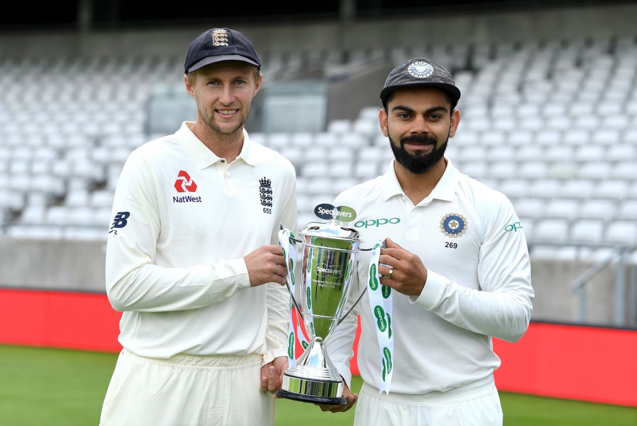 Joe Root and Virat Kohli pose with the trophy, Edgbaston, July 30, 2018