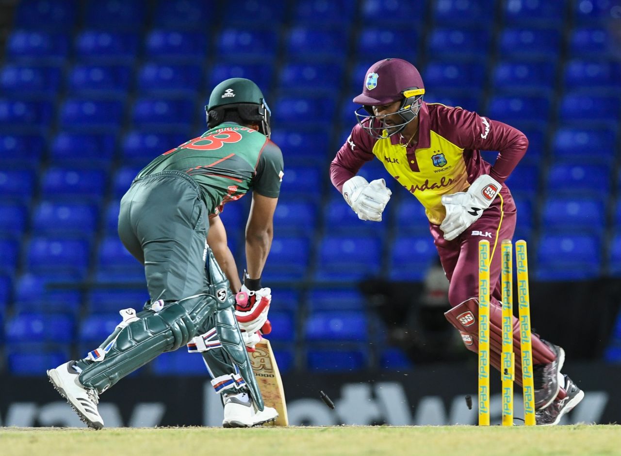 Tamim Iqbal was stumped first ball of the innings, West Indies v Bangladesh, 1st T20I, St Kitts, July 31, 2018
