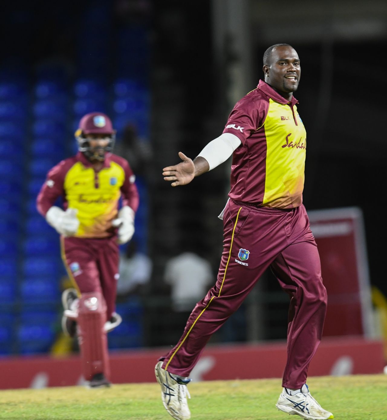 Ashley Nurse rejoices after picking up a wicket, West Indies v Bangladesh, 1st T20I, St Kitts, July 31, 2018