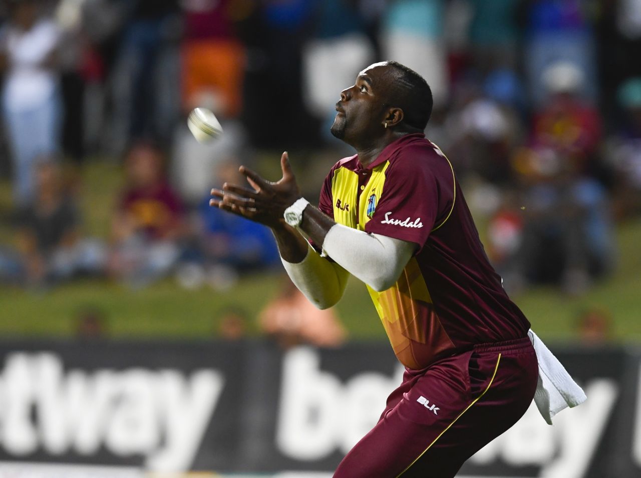 Eyes on the prize? Ashley Nurse settles under the ball for a catch, West Indies v Bangladesh, 1st T20I, St Kitts, July 31, 2018