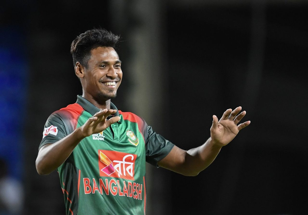 Mustafizur Rahman is chuffed after grabbing a wicket, West Indies v Bangladesh, 1st T20I, St Kitts, July 31, 2018