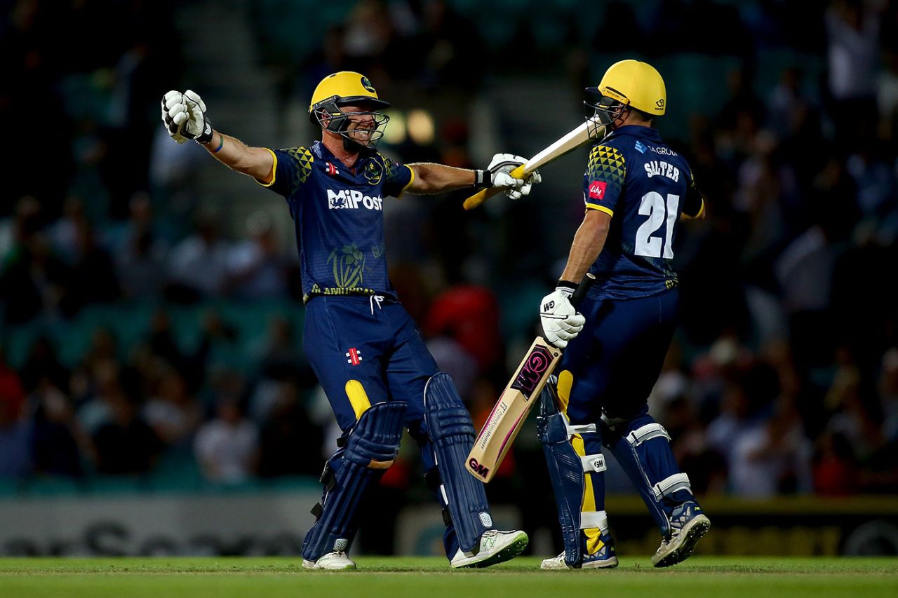 Andrew Salter and Graham Wagg celebrate victory, Surrey v Glamorgan, Vitality T20 Blast, South Group, Kia Oval, July 31, 2018