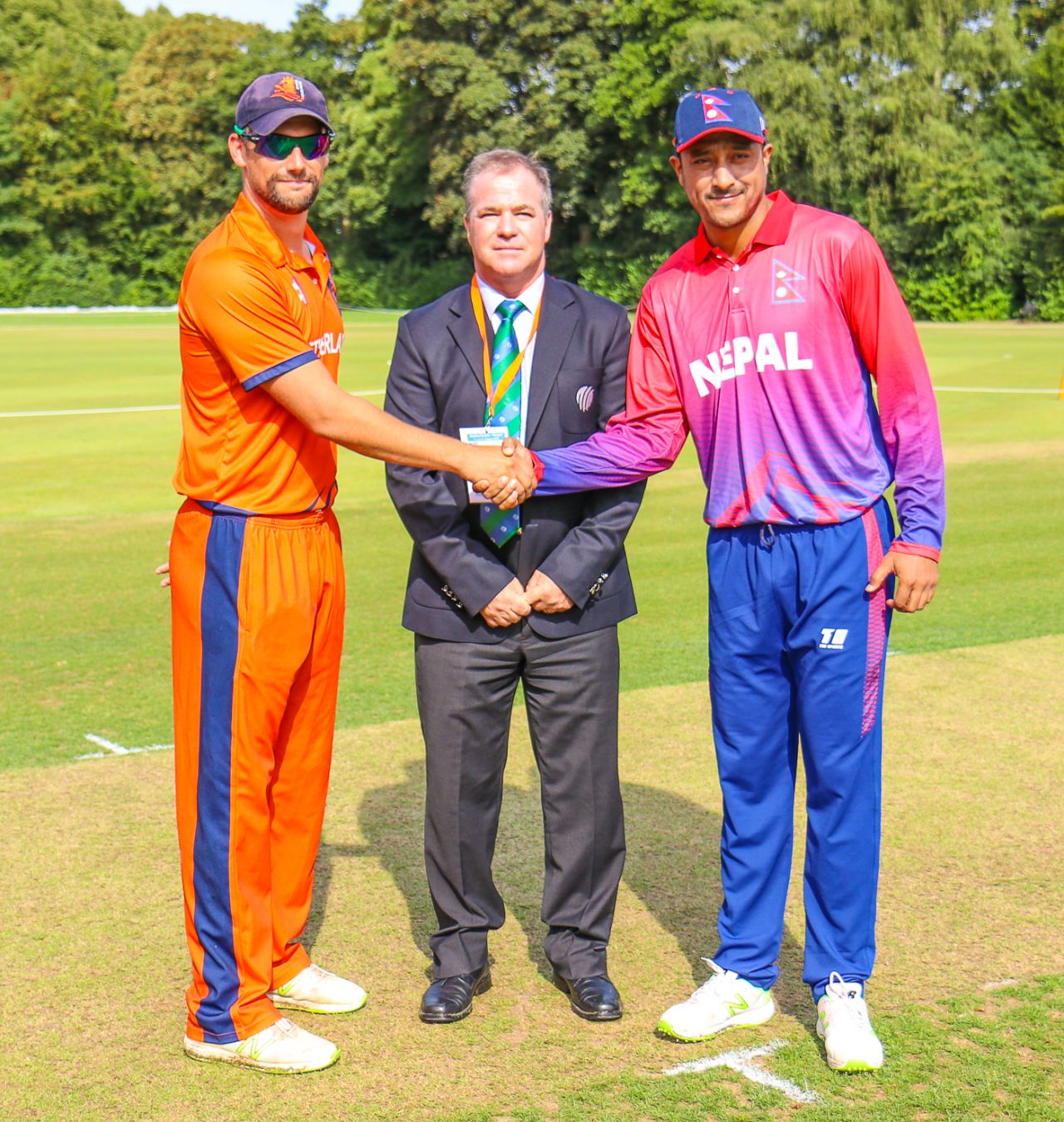 Captains Pieter Seelaar and Paras Khadka at the toss for Nepal's maiden ODI, Netherlands v Nepal, 1st ODI, Amstelveen, August 1, 2018