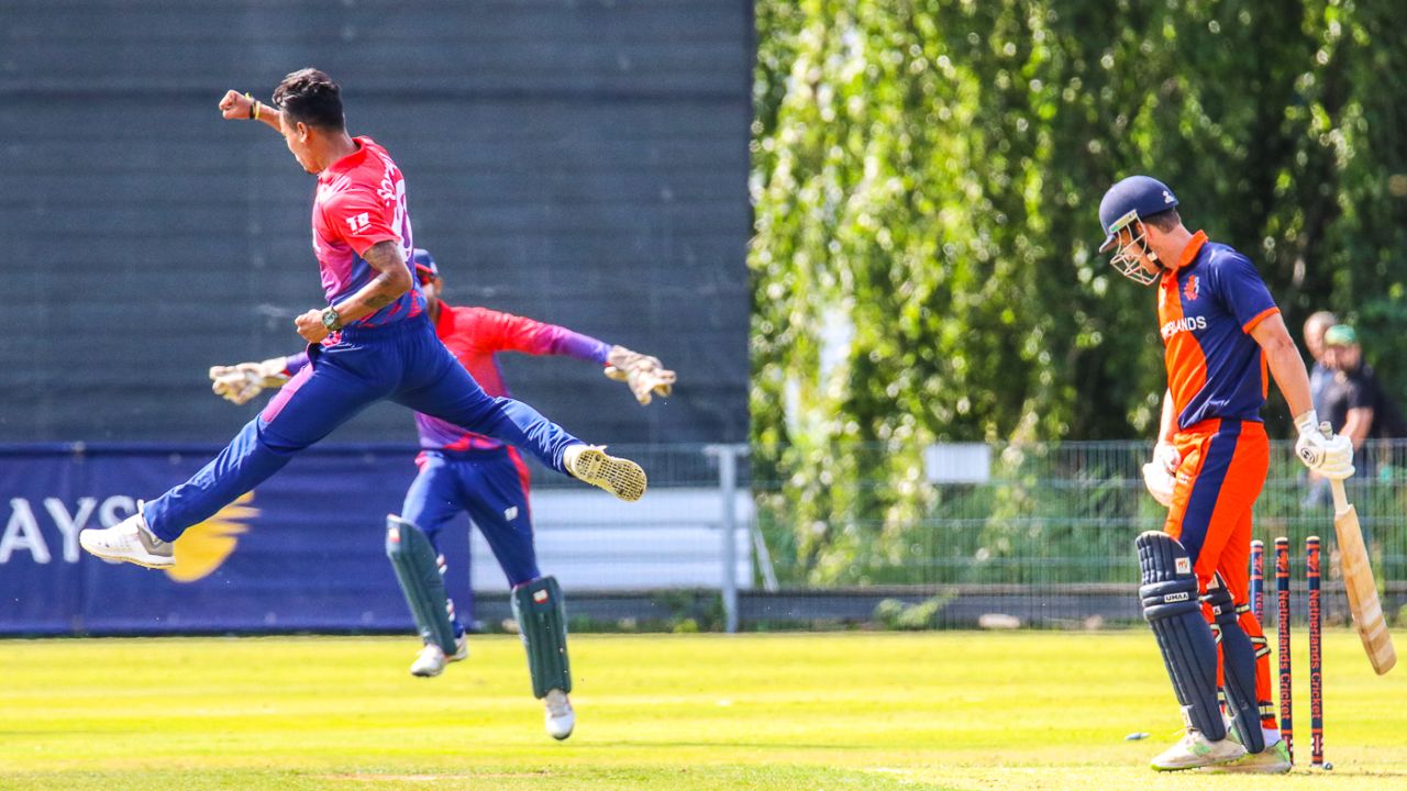 Sompal Kami leaps for joy after bowling Dan ter Braak for Nepal's first ODI wicket, Netherlands v Nepal, 1st ODI, Amstelveen, August 1, 2018