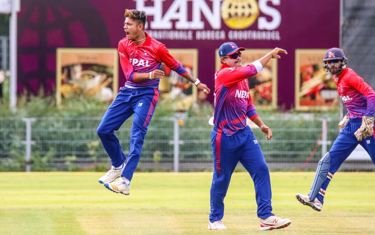 Sandeep Lamichhane celebrates after bowling Stephan Myburgh for his maiden ODI wicket, Netherlands v Nepal, 1st ODI, Amstelveen, August 1, 2018