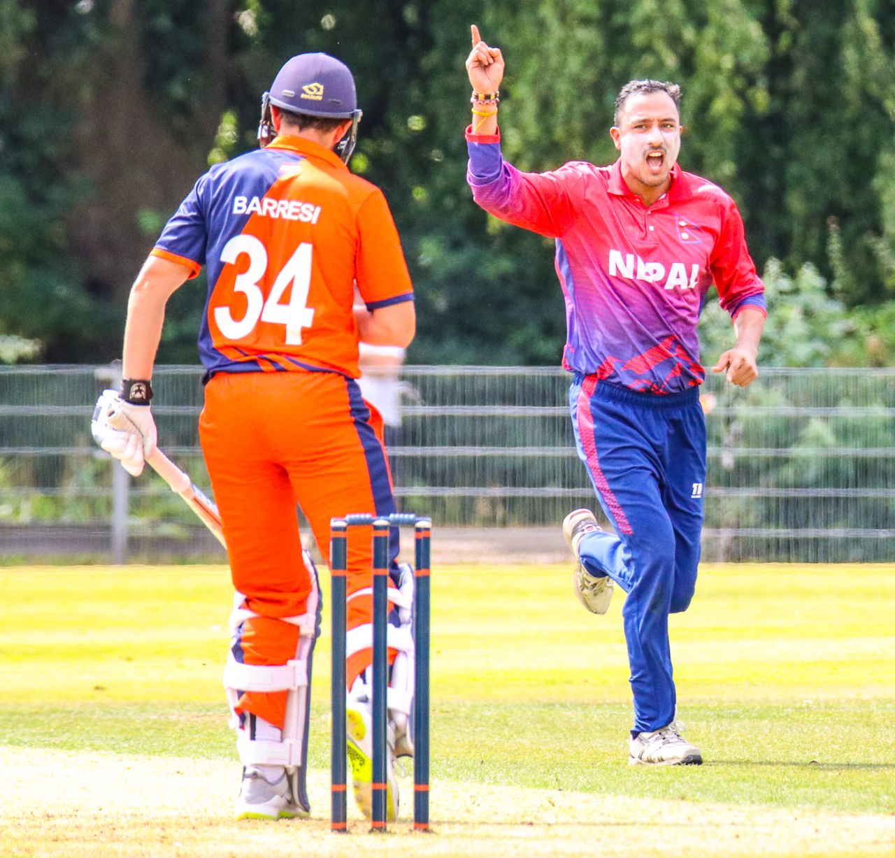Paras Khadka celebrates after dismissing Wesley Barresi for his second wicket, Netherlands v Nepal, 1st ODI, Amstelveen, August 1, 2018