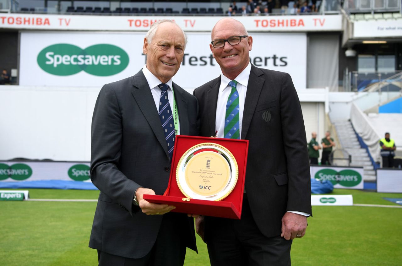 Colin Graves is presented a plaque by Jeff Crowe on the occasion of England's 1,000th Test match, England v India, 1st Test, 1st day, Edgbaston, 1 August, 2018