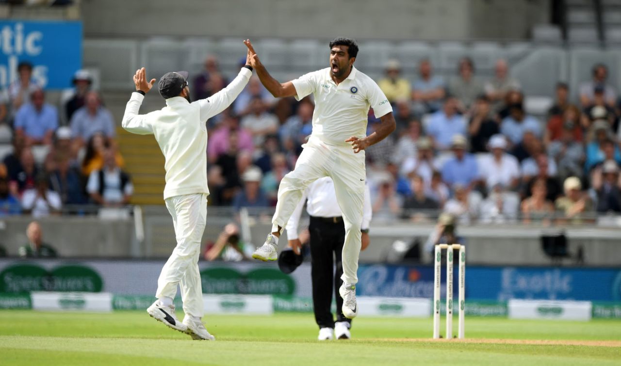 R Ashwin leaps in joy after getting an early wicket, England v India, 1st Test, 1st day, Edgbaston, 1 August, 2018