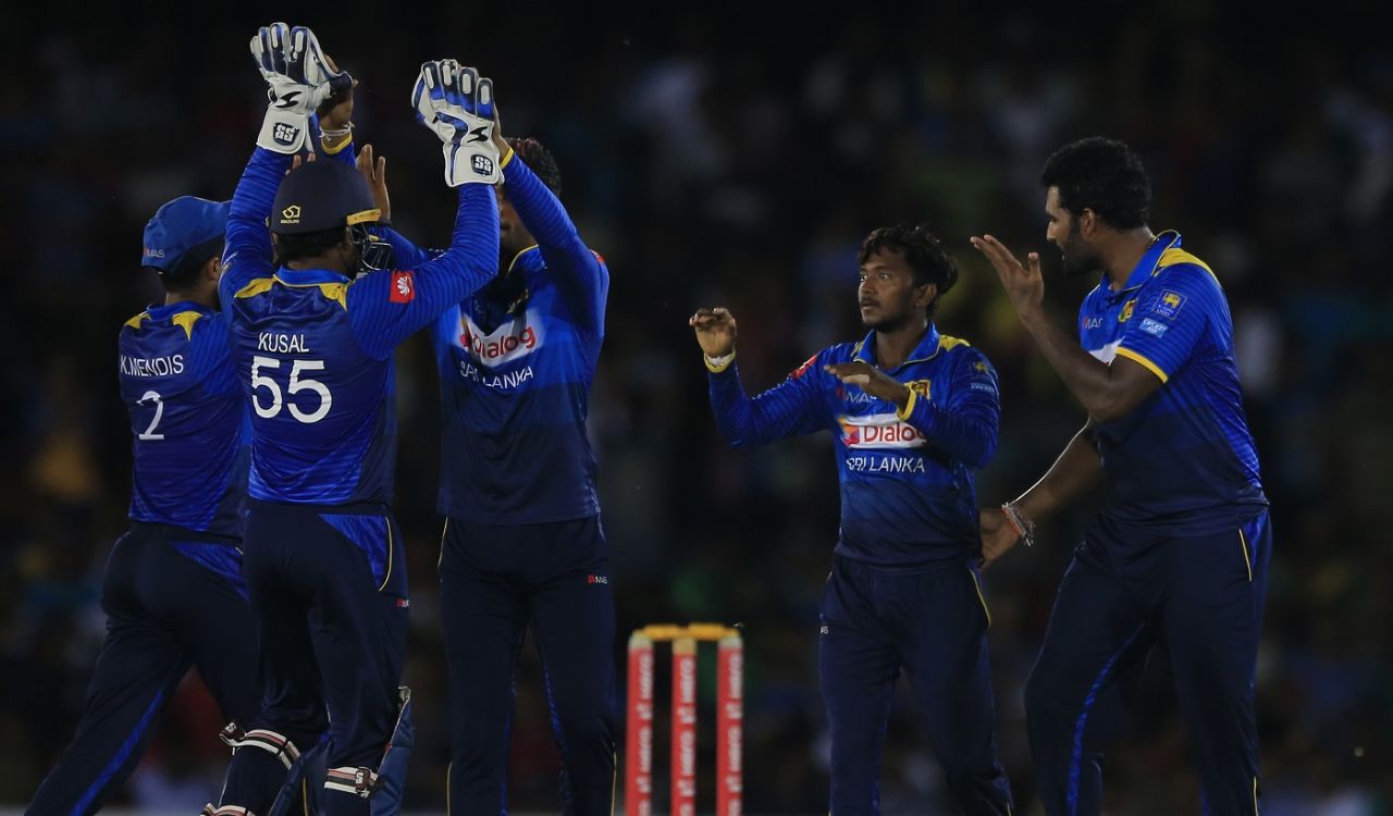 Akila Dananjaya celebrates a wicket with his team-mates, Sri Lanka v South Africa, 2nd ODI, Dambulla, August 1, 2018