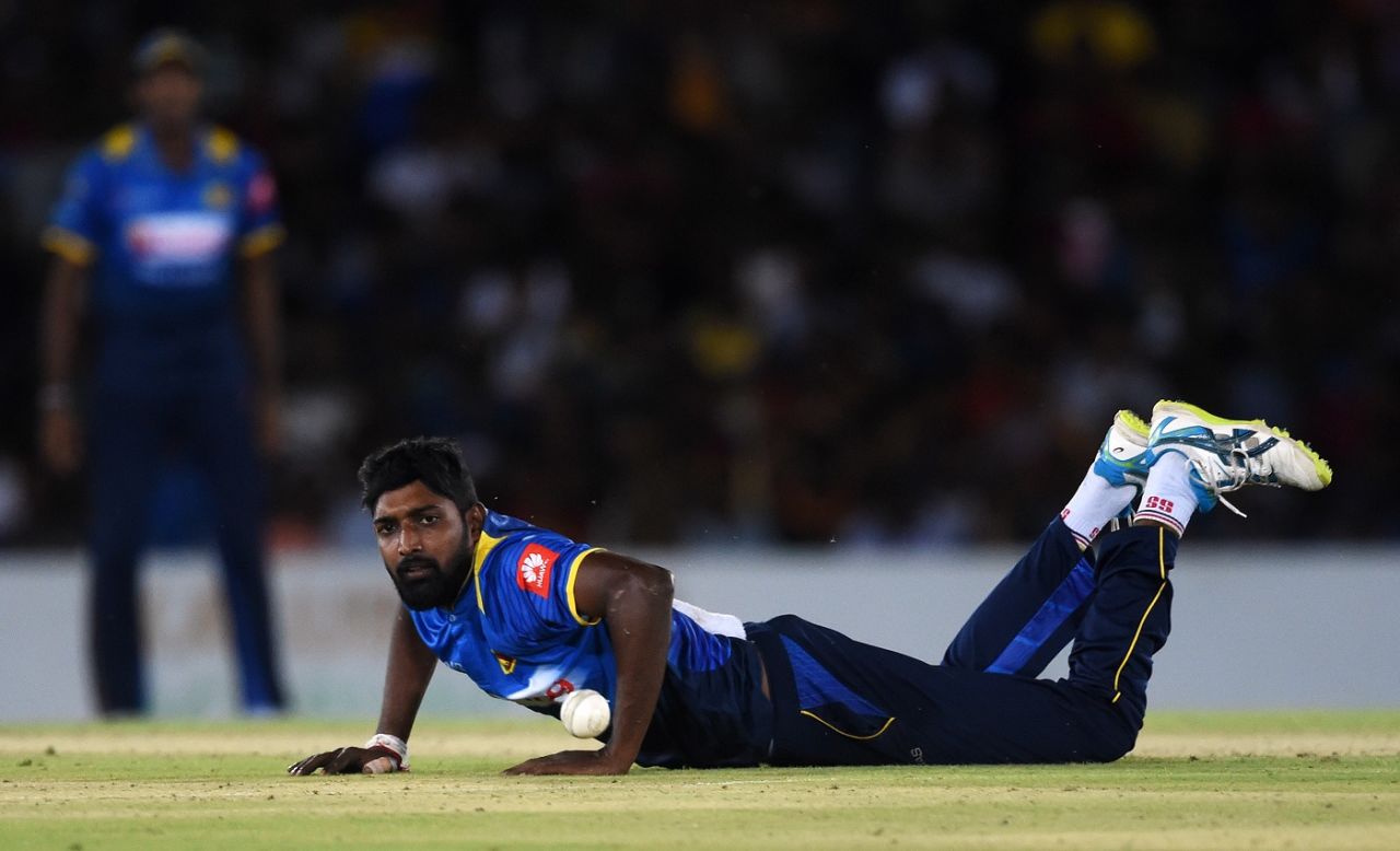 Debutant Prabath Jayasuriya attempts to field the ball, Sri Lanka v South Africa, 2nd ODI, Dambulla, August 1, 2018