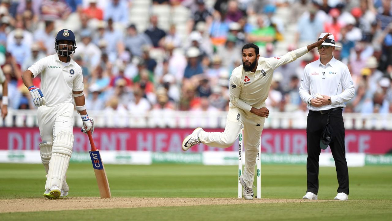 Adil Rashid was introduced just before lunch, England v India, 1st Test, 2nd day, Edgbaston, 2 August, 2018