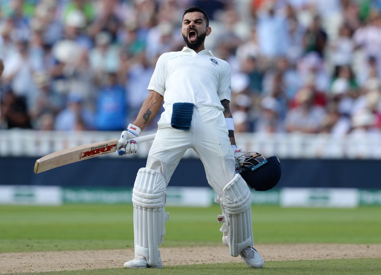 Virat Kohli exults after getting to his 22nd Test hundred, England v India, 1st Test, Edgbaston, 2nd day, August 2, 2018