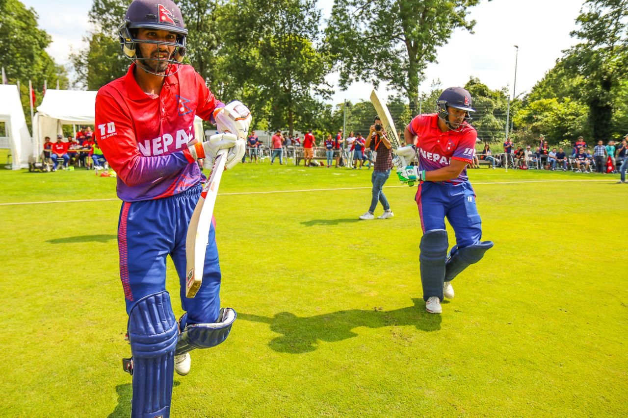Anil Sah and Gyanendra Malla walk out to open Nepal's maiden ODI innings, Netherlands v Nepal, 1st ODI, Amstelveen, August 1, 2018