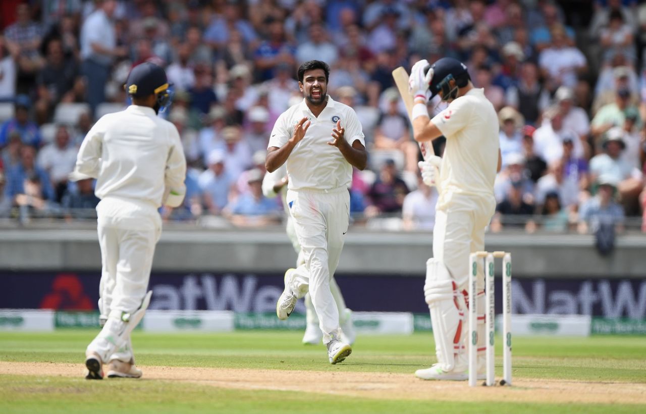 R Ashwin celebrates while Joe Root holds his head in agony , England v India, 1st Test, 3rd day, Edgbaston, August 3, 2018
