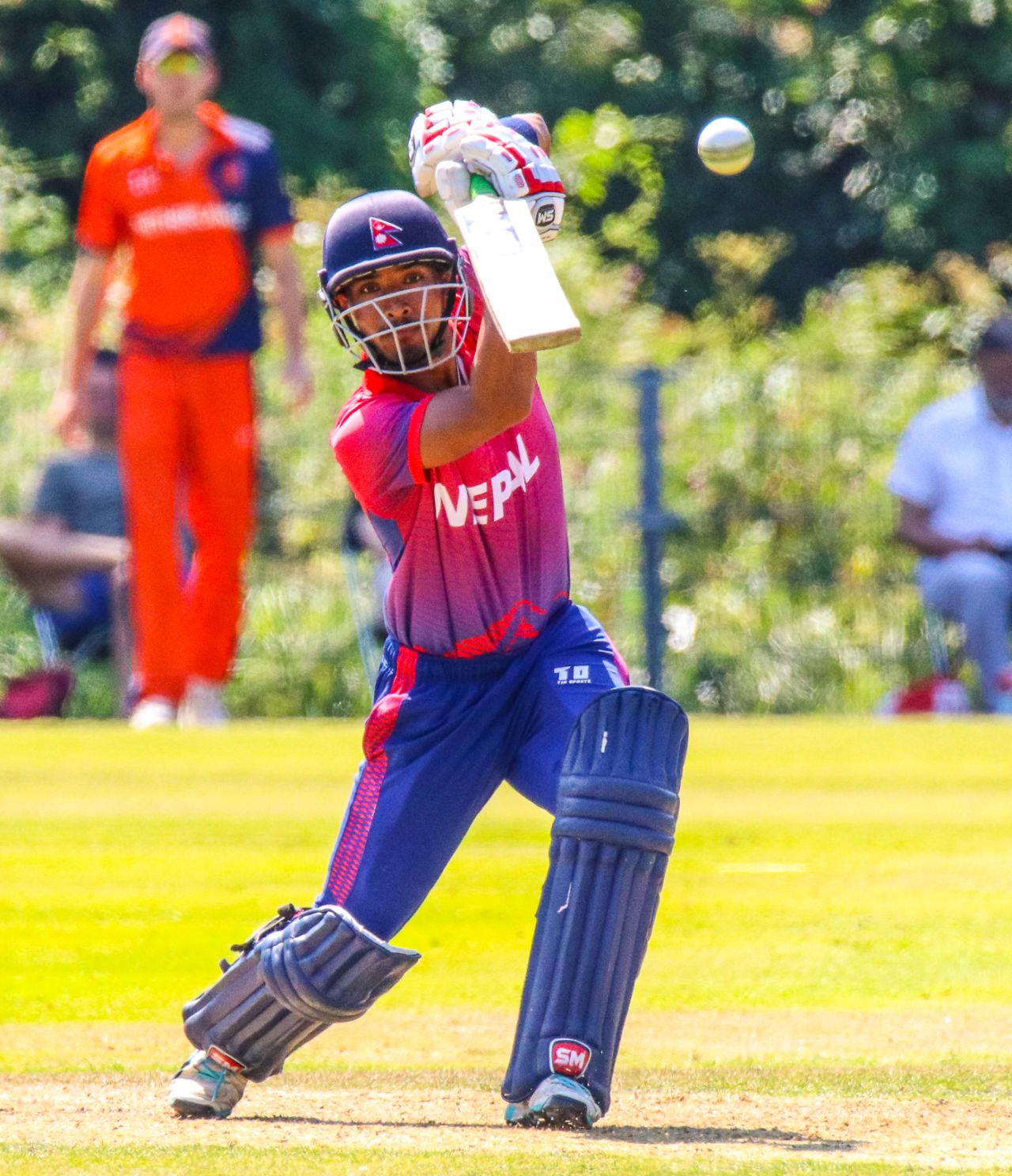 Sompal Kami lofts an elegant drive over extra cover for a boundary, Netherlands v Nepal, 2nd ODI, Amstelveen, August 3, 2018