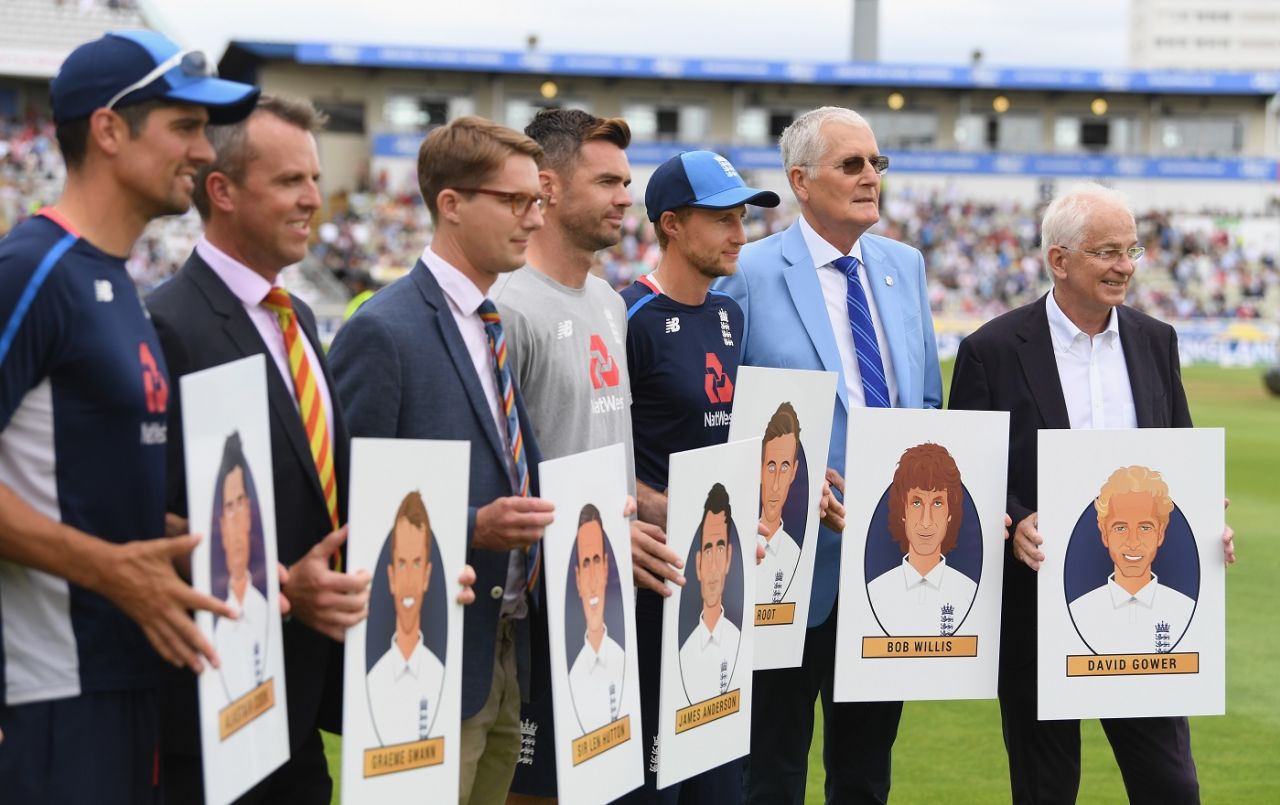 Alastair Cook, Graeme Swann, Robert Hutton (for Len Hutton), James Anderson, Joe Root, Bob Willis and David Gower felicitated as part of ECB's all-time XI, England v India, 1st Test, 3rd day, Edgbaston, August 3, 2018