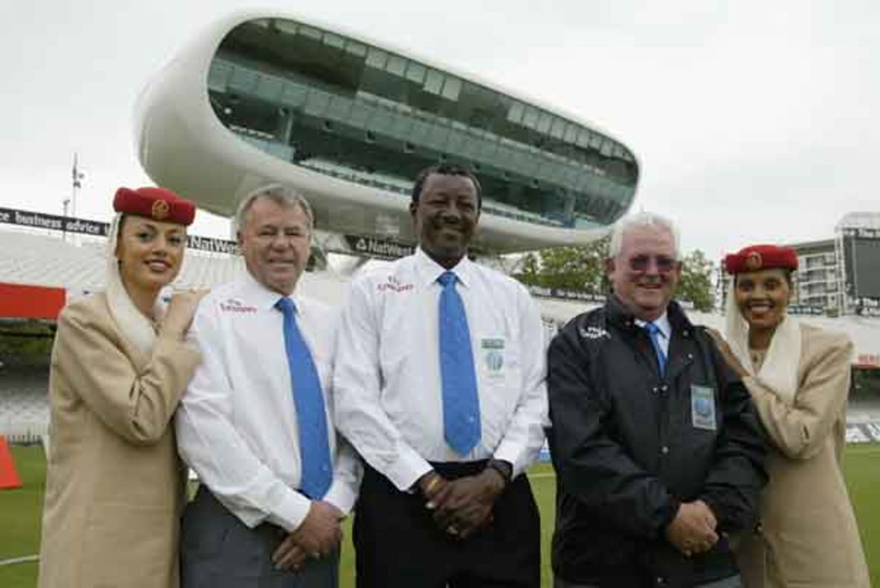 Umpires David Shepherd and Steve Bucknor with match referee Mike Procter at the launch of the Emirates sponsorship