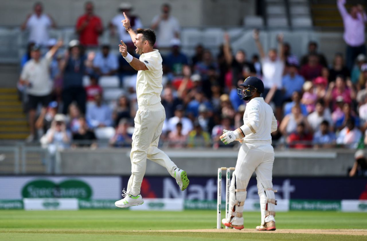 James Anderson rejoices after getting Dinesh Karthik, England v India, 1st Test, 4th day, Edgbaston, August 3, 2018